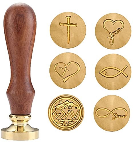 Christliches Wachssiegel Set mit Holzgriff – Kreuz, Jesusfisch & Symbole – Für Briefe, Geschenke, Bibel, Einladungen – Geschenkbox oder Einzelauswahl (6 Wachssiegel und 1 Holzgriff)