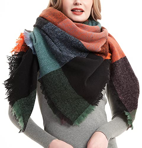 Schal Damen Winter Frühling,Weich Warm Schals & Tücher für Damen,Schultertuch Poncho Damen Großer, Bunt Kariert Schal Grün Orange xxl