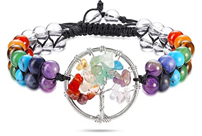 GEHECRST 7 Chakra Armband Doppelschicht geflochten Armreif mit Lebensbaum Ornament Naturstein Schmuck Armband Reiki Yoga Meditation Stretch Armband für Damen Herren (7 Chakra)