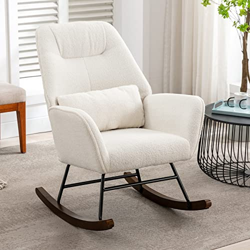 HomeMiYN Schaukelstuhl Lammwolle Schaukelsessel mit Metallgestell und Holzsockel Polstersessel für Wohnzimmer Freizeit Relaxstuhl für Wohnzimmer/Schlafzimmer/Kinderzimmer (Weiß)
