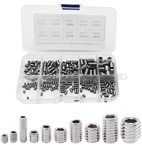 Madenschraube, 200 Stück Gewindestift Set, M3, M4, M5, M6, M8 Gewindestifte, Edelstahl Schrauben Set, Komplett mit Aufbewahrungsbox für Türgriffe, Wasserhahn Knöpfe, Garage