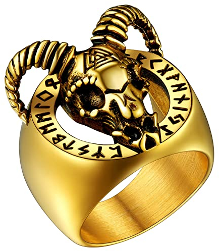 FaithHeart Gold Ring in Größe 65 goldring Vintage Satan Ziegenkopf Statementring Punk Gotik Ziegenkopf Ring mit Rune Goldener Biker Ring Partnerring Freundschaftsring