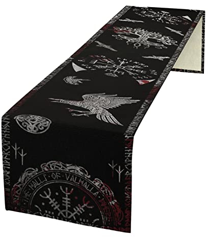 kikomia Baumwolle Leinen Tischläufer Rechteckige Wikinger Rabe Baum des Lebens Tischdecke für Hochzeit Urlaub Heimdekoration Wikinger Dekorativ Abdeckung Tischplatte (33×274cm, Blood)
