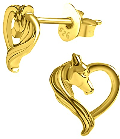 Mädchen Damen Ohrstecker 925 Sterling Silber kleine goldene Pferde Herz