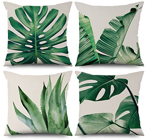 ASDCXZ Grün Kissenbezug 40x40 cm 4er Set, Minimalismus Frühling Grün Blätter Sofa Dekokissen Kissenbezüge Kissenhülle Waschbar Polyester Flachs Textil Outdoor Polster Kopfkissenbezug Kissen Bezug