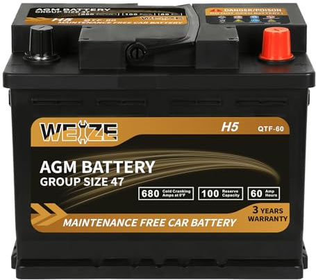 Weize Platinum AGM Battery BCI Group 47-12v 60ah H5 Size 47 Automotive Battery, 100RC, 680CCA, 36 Months Warranty, Dimensions 9.52 L x 6.89 W x 7.48 H