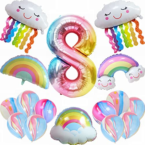 Kiwochy 8. Regenbogen Geburtstagsdeko Set Geburtstagsdeko 8 Jahr Junge Mädchen 8. Geburtstag Deko Regenbogen Ballon Geburtstagszahl 8 Ballon Regenbogen Quasten Luftballons für Mädchen Geburtstag Deko