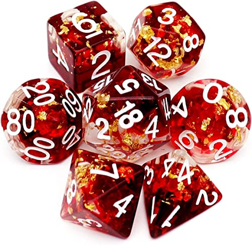 Haxtec DND Würfel Set 7PCS Polyederwürfel für Rollenspiel Würfel Spiele als Dungeons und Drachen (rote klare Goldfolie)