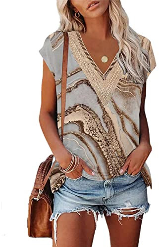 GRMLRPT Maglietta Donna Manica Corta Scollo V Camicia Elegante Cerimonia Moda Camicetta Blusa Moda Top Tee T-Shirt Tunica Casual Shirt(Beige,L)