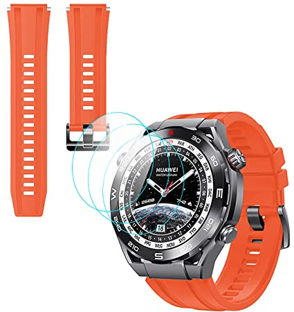 GIOPUEY Cinturini Compatibile con Huawei Watch Ultimate, [2 in 1] TPU Silicone Cinturino + 3 Pezzi Pellicola Protettiva, [Resistente All'usura] [Traspirante] - Arancione