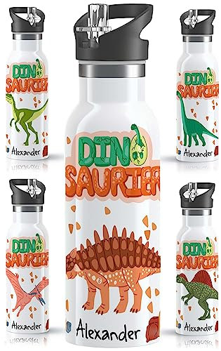 OWLBOOK® Edelstahl Trinkflasche Kinder personalisiert | Wasserflasche mit Strohhalm | 600 ml | Sportdeckel | Spülmaschinenfest | Schule Schulanfang Jungen Geschenke Einschulung Junge | Spike