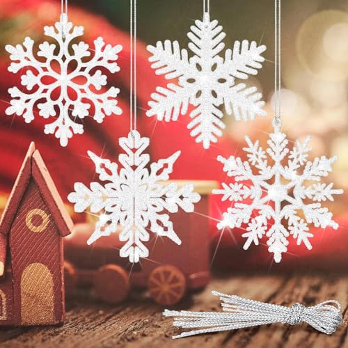 LYCTEIKI 28 Stück Schneeflocken Weihnachten Deko, 4 Verschiedene Glitzer Weihnachtsbaumschmuck Designs Schneeflocken Deko für Weihnachten Hochzeit Party (Weiß)