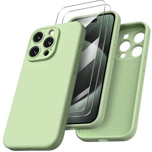 ORNARTO für iPhone 15 Pro Max Hülle mit Kameraschutz und 2 Schutzfolien, flüssige Silikon Handyhülle iPhone 15 Pro Max 6,7 Zoll, stoßfeste iPhone 15 ProMax Schutzhülle mit Mikrofaser - Leicht Grün