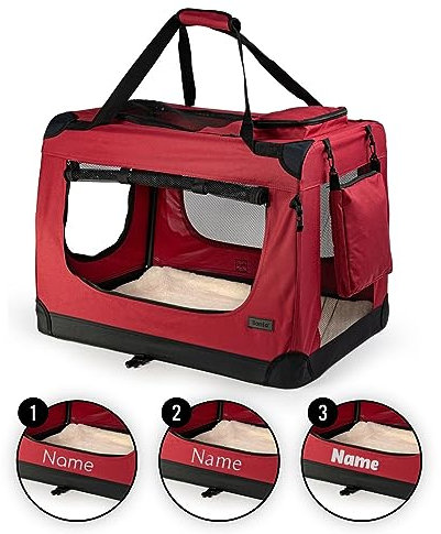 lionto Caisse de transport pliable pour chien & chat, 60x42x44 cm, tissu Oxford robuste + poignées & couverture, pour animaux jusqu’à 12 kg, caisse pour petits & grands, rouge foncé (avec nom imprimé)