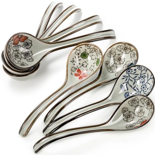 Cididu 8 cucharas de sopa de cerámica asiática, cuchara de ramen japonesa con mango curvado largo, cuchara de sopa china, cuchara de porcelana, cuchara de servir de cocina para miso, fideos, cereales,