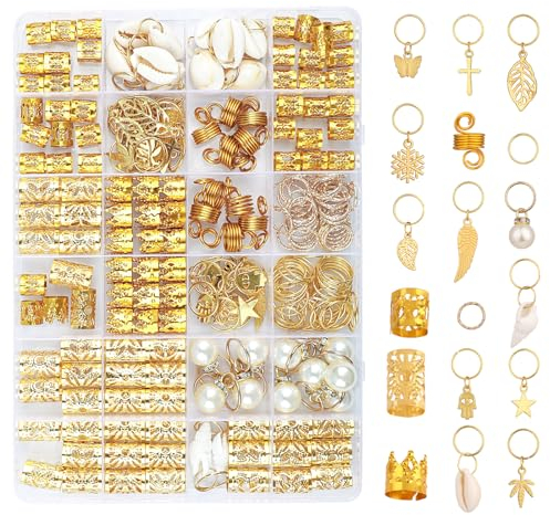 WLLHYF 230 Stück Haarschmuck für Zöpfe Loc-Haare Dreadlocks Metall-Haarspulen Ringe Manschetten Clips goldene Haar-Charms Anhänger Haar-Styling-Zubehör Dekorationen für Frauen und Mädchen