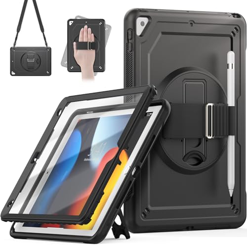 Timecity Hülle für iPad 9 Generation 10,2 Zoll, Stoßfest Robust iPad 9. 8. 7.Generation mit Displayschutz,360°-Drehbarer-Ständer Handschlaufe,Stifthalter,für iPad Air 3. Generation 10,5-Schwarz