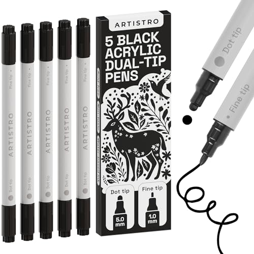 Artistro 5 schwarze Acrylstifte, Acrylfarbenmarker mit Doppelspitze (fein 1 mm + Punkt 5 mm), Zeichenset, Marker für Textilien, Leinwand, Stein, Glas, Holz, Papier, Heimwerkerbedarf, Farbmarker