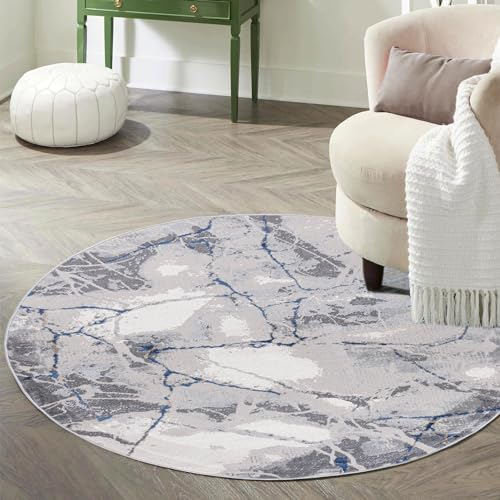 Mazovia Teppich Rund 100 cm - Kurzflor - Weich Teppich für Wohnzimmer Esszimmer - Marmor Optik Abstraktes Grau Blau 100 x 100 cm