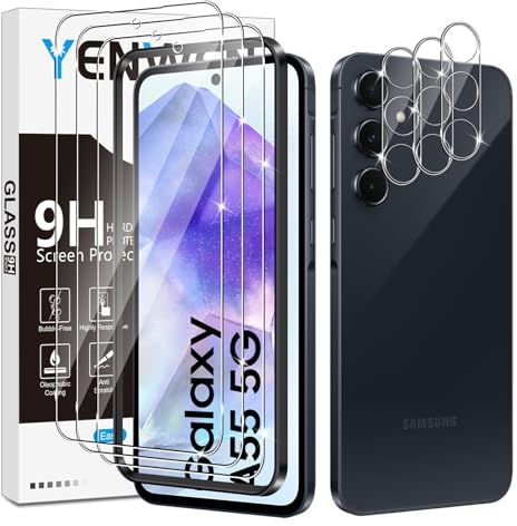 Yenwen Schutzfolie für Panzerglas für Samsung Galaxy A55 5G, 3 Stück Panzer Schutz Glas mit 3 Stück Kameraschutz, 9H Härte Handy Folie Anti- Kratzer Schutzglas HD Klar Displayschutz
