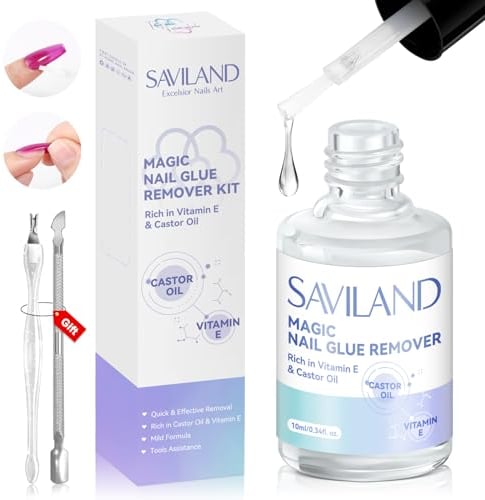 Saviland Rimuovi colla per unghie finte, olio di ricino e vitamina E Rimuovi unghie finte per unghie a pressione con spingi cuticole Forchetta per unghie Accessori per unghie finte