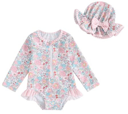 HodJIU - Traje de baño para bebé, niña, antiUV, manga larga, estampado para piscina, natación, playa y sombrero de sol, Rosa Floral, 12 meses