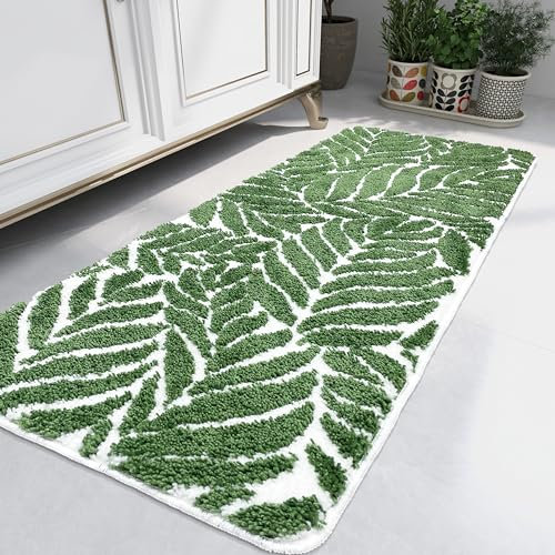 homantic Dunkelgrünes Blatt Badezimmerläufer rutschfest, grüne Badezimmerdekoration, Langer Badezimmerteppich Runner, wasserabsorbierend, Badezimmerteppiche für Badewanne und Dusche, 60 x 150 cm