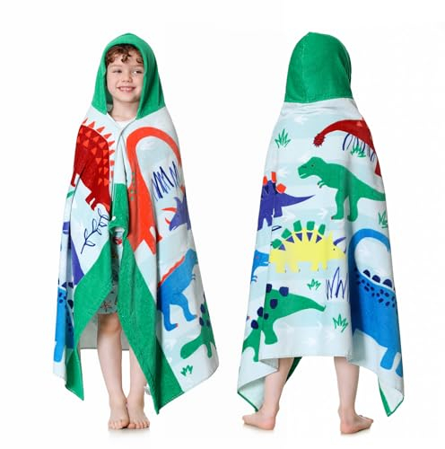 MOKANI Toallas de baño de playa con capucha para niños, algodón suave y grueso súper absorbente, 50 x 30 pulgadas, toallas de baño de playa para niñas y niños de 3 a 12 años, dinosaurio verde
