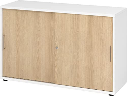 bümö Schiebetürenschrank 2OH - Aktenschrank abschließbar, Sideboard Schrank mit Schiebetüren in Weiß/Eiche, Bügelgriff - Büroschrank aus Holz mit Schiebetür, Büro Kommode für Ordner & Co.