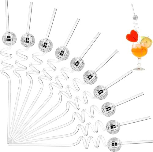 WUWEOT 30 Pcs Disco Ball Straws, 70s Mirror Disco Decorative Straws, Reusable Silver Disco Straw, Retro Disco Party Decorations for Dance Holiday Wedding Birthday Bachelorette Party Supplies