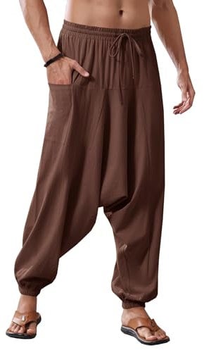 Runcati Herren Baumwolle Haremshosen Baggy Hippie Casual Leinen Yoga Hose Strand Tief Schritt Trouser Bräune M