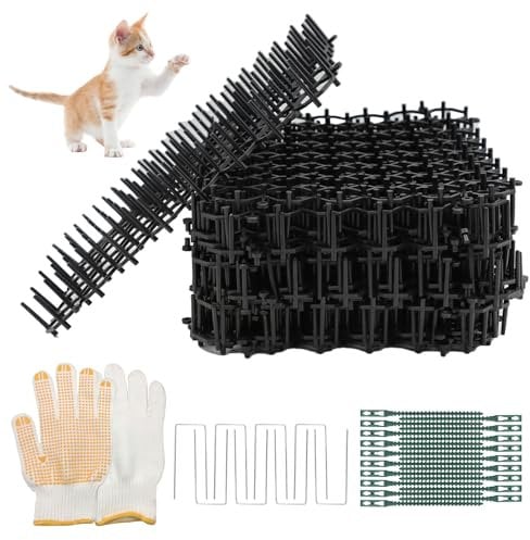 ZOCONE 12 Cat Scat Mat with Spikes, 20 * 15cm Anti Cat Spikes Mat with 8 U Shape Pegs, 20 Cable Ties and Gloves, Plastic Spikes Repellent Mat for Indoor Outdoor, Prickle Strips Cat Stopper for Garden