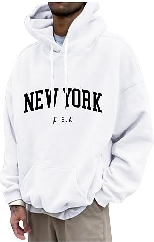 Herren Damen Hoodie Pullover Mit Kapuze Casual Brief Print Sweatshirt Männer Oversize Langarm Kapuzenpullover Locker Kapuzenpulli College Hoodie Mit Taschen & Kordel Langarmshirt (White,5XL)