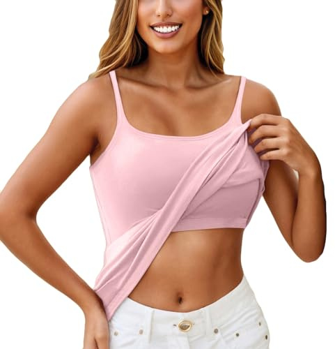 KONG JIMFAN Top Mit Integriertem BH Spaghettiträger Still Gepolstert Softschalen Ohne Bügel Funktionsunterwäsche Oberteile Damentop mit integriertem BH(Rosa,XL)