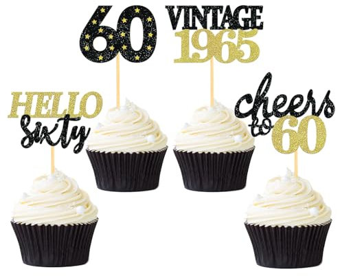 24 Stück Glitzer 60. Geburtstag Cupcake Topper Geburtstagsdeko von 1965 für 60 Geburtstagsfeier Zubehör Party Dekoration Kuchendekoration (Schwarz & Gold)