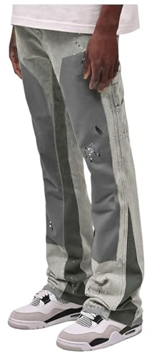 Foweknow - Jeans da uomo patchwork, slim fit, in denim, Y2K, alla moda, con effetto washed, per il tempo libero, pantaloni casual da uomo, stampati, semplici, versatili