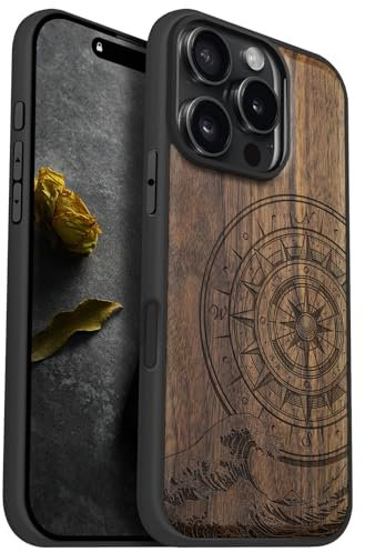 Carveit Holz Cover für iPhone 16 Pro hülle, Handyhülle kompatibel MagSafe Silikon Stoßfeste Case, Magnetisch Hull für Apple 16 Pro Handyhulle（Nussbaum-Der Kompass vor Kanagawa Waves）
