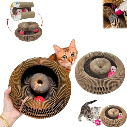 Donubiiu Katzenspielzeug, Kratzbaum mit Kratzspielzeug, Katzen Kratzspielzeug, Faltbares Wellpappe Kratzpappe Rund mit Magic Tracks, für Kratzen und Krallenpflege (2 pcs)