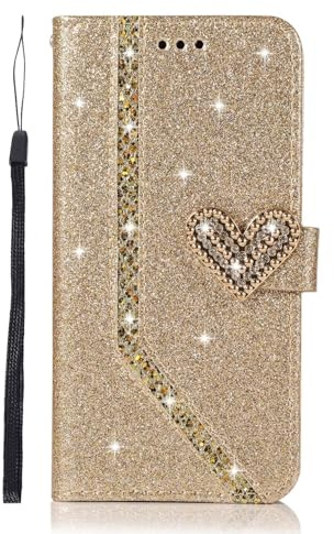 BEENTRYS Glitter Leather Wallet Case for iPhone 11 Pro,Diamond Heart Luxury Bling Card Slots Holder Kickstand Women Girls Folio Sparkle PU Flip Cover for iPhone 11 Pro-Gold