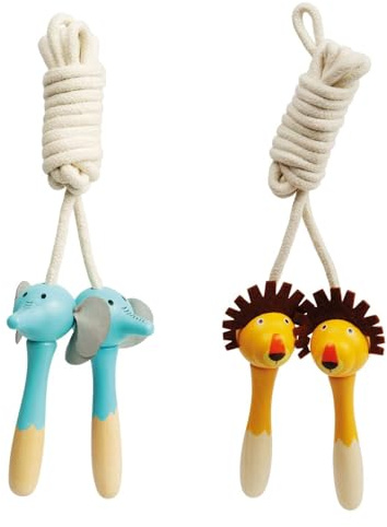 Bigjigs Toys Animal Skipping Ropes (Lion & Elephant) - 2pcs Wooden Skipping Rope Set, Pocket Money Gifts For Girls & Boys, Kids Party Bag Fillers, Age 3 Years Old +