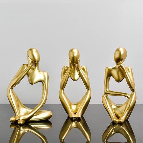 Generisch Moderne Skulptur Deko für Wohnzimmer - Bücherwurm Figur aus Harz | Schwarz Weiß Gold Abstrakte Kunst | Bürodekoration & Regal Deko(A-Gold 3er Set)