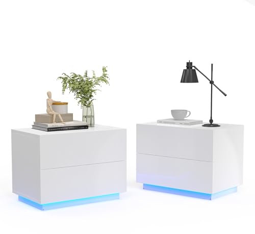 Mondeer Nachttisch 2er Set, LED Nachtschrank mit 2 Schubladen und 1 USB Anschlüsse für Schlafzimmer Wohnzimmer, 60 x 39 x 45cm, Weiß