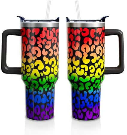 Pride Cup Gifts for Women Men, Rainbow Leopard Stainless Steel Insulated 40 Oz Tumblers with Handle and Straw, LGBT Pride Month Water Bottle Mug (1 PC)
