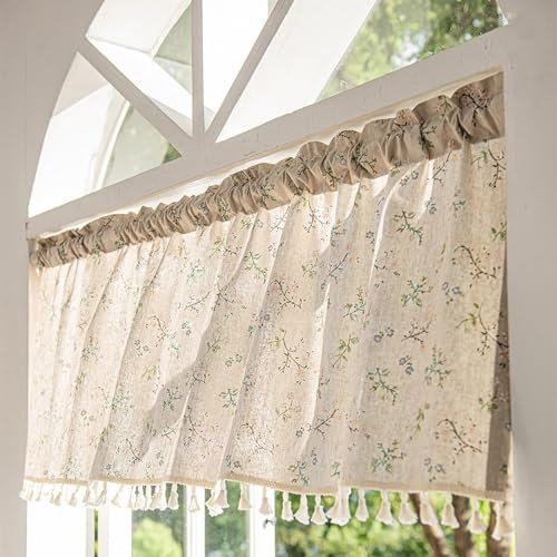 NSXIN Scheibengardine Halbtransparent Bistrogardine Blumen Küchengardinen Landhausstil Gardinen Quasten Vorhänge Kurz für kleine Fenster Küche Wohnzimmer (Kapok,150cm*46cm)