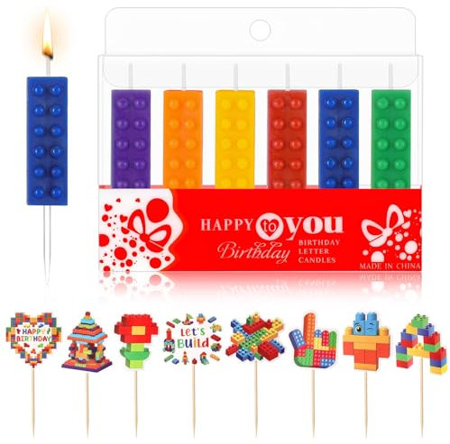 Gulfmew Building Block Decoration Include 6 Pcs Building Block Candles and 8 Pcs Building Block Cupcake Topper Sparkler Novelty Cake Decorations for Building Block Party Themed Supplies