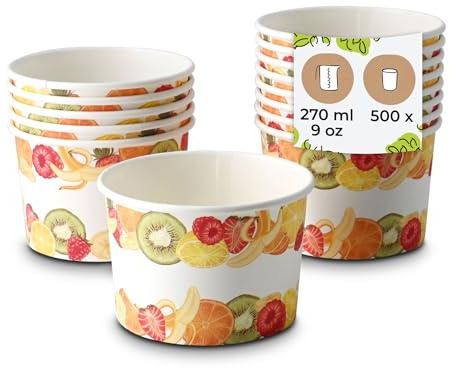 BIOZOYG Eisbecher aus Pappe 500 Stück 200 ml Ø 92 mm bedruckt - Dessertbecher beschichtet Einweg - Snackbecher to go Dessert Eisdiele Candy Bar Eis Joghurt Obst Waffelbecher