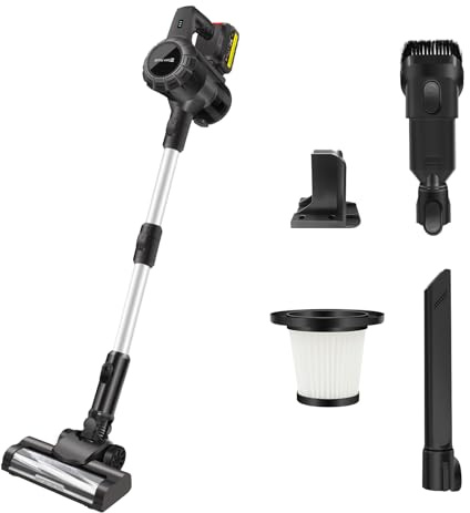 DayPlus 500W Akku Staubsauger mit 2 x 3.0Ah Batterie, 15000Pa/65Min, Bürstenloser Motor, Leichter, HEPA Filtern, Rotierende Bodenbürste, Staubsauger Kabellos für Hartböden Teppiche Tierhaare