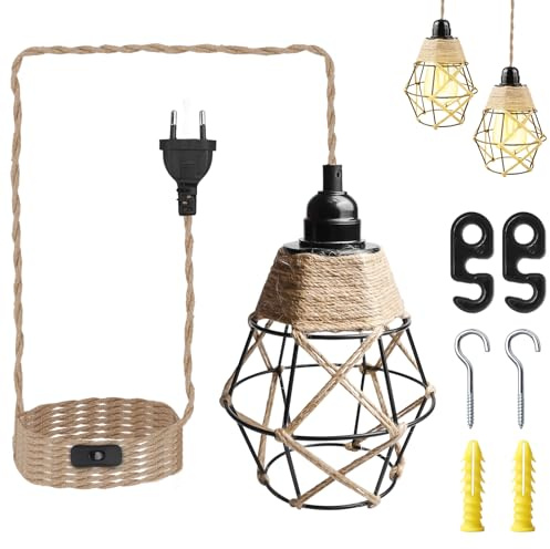 GBKDQQ Retro Hängelampe Hanf Seil, E27 Pendelleuchten mit Stecker, Vintage Industrielle Hängelampe mit 450CM Hanfkabel & Gewebten Lampenschirm, für Schlafzimmer, Wohnzimmer, Küche Ohne Glühbirne