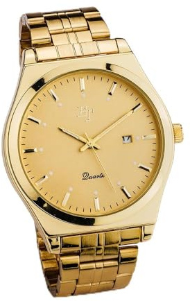 EUROtops Armbanduhr „Horus“ für Herren und Damen, goldene Uhr aus Edelstahl mit Datumsanzeige, analoges Quarz-Uhrwerk, klassisches Design