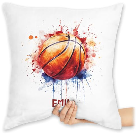 Kissen 40x40 Zierkissen - Basketball - Ball Watercolor personalisiert - Gadget Training Zeug - 40 x 40 cm - Weiß - Basketballer Motiv Motive Fan personalisierte für Name